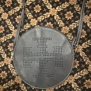 Tory Burch Black Leather Perforated Logo Round Crossbody